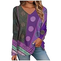 Womens Vest,Tops for Women Long Sleeve V Neck Retro Printed Loose Fit Tunic T Shirts 2024 Summer Fashion Cute Tee Blouse Crop Tops for Women Trendy