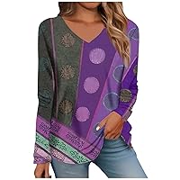 Womens Tops Dressy Casual Women's Long Sleeve T Shirts Retro Print Daily Basic V Neck Regular Spring Summer Tops