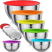 Mixing Bowls with Colorful Airtight Lids, 6 Piece Stainless Steel Metal Bowls with 3 Grater Attachments, Size 4.5, 3.5, 2.1, 1.5, 1.1, 0.7QT