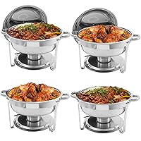 Chafing Dish Buffet Set, 4 Packs 5 QT Round Stainless Steel Chafer and Buffet Warmer Sets with Food & Water Pan, Lid, Frame, Fuel Holder for Parties Buffet Weddings