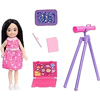 Barbie Toys, Chelsea Doll & Accessories Astronomer Set, Career Brunette Small Doll with 5 Science-Themed Pieces Including a Telescope