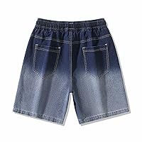 Men's Loose Hip Hop Cropped Jeans Work Denim Shorts Drawstring Casual Baggy Y2K Streetwear Gradient Pants Pockets