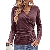 Womens V Neck Long Sleeve Shirts Sexy Wrap Ruched Tops Cute Fitted T Shirts 2024