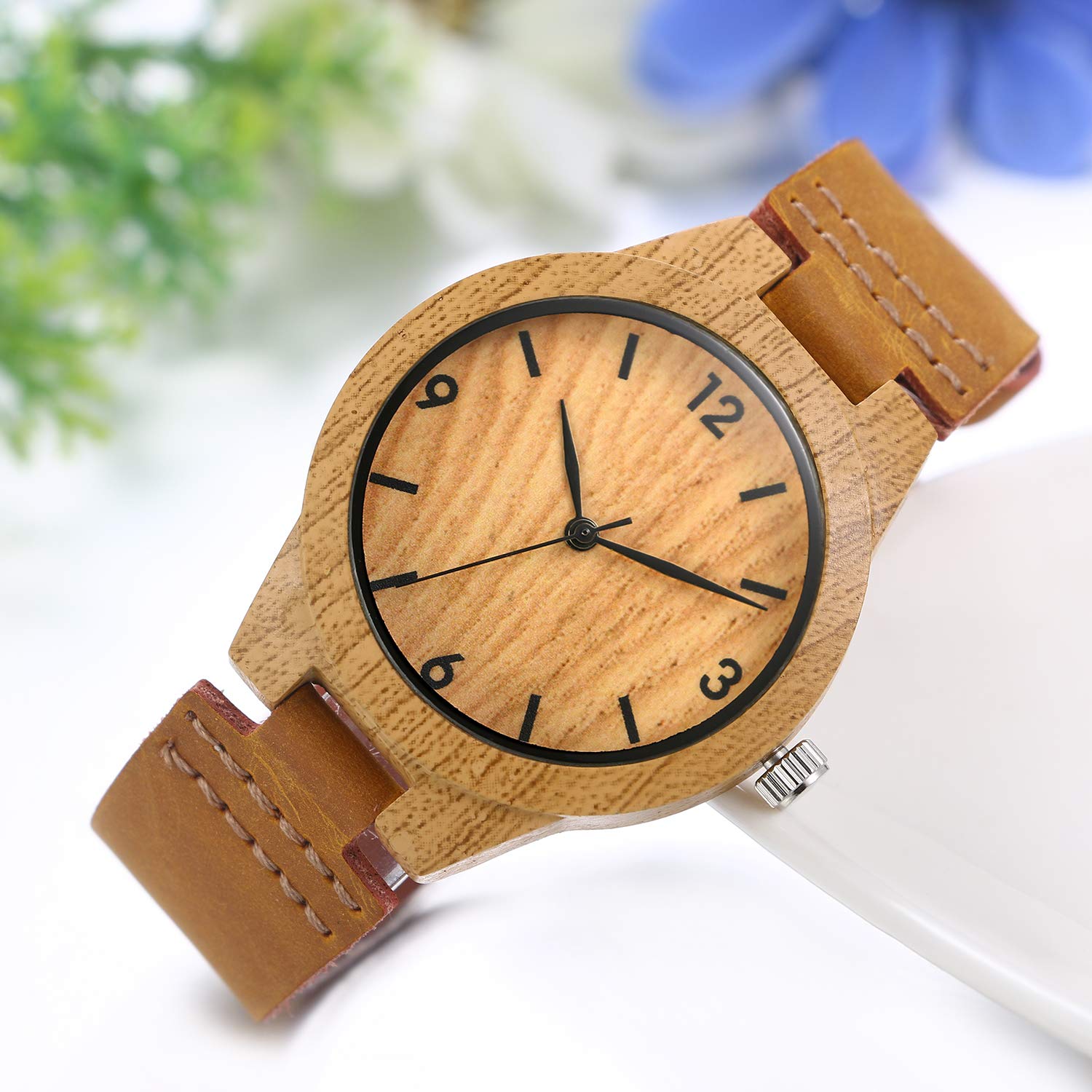 JewelryWe Frauen Uhren Runde Holz Muster Zifferblatt Quarzuhr Echtes Leder Armband Armbanduhr Casual Dressing Uhr