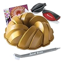 Nordic Ware Braided Bundt Cake Pan 75th Anniversary With 3 in 1 Bundt Cleaning Tool + Recipe Card and Heat Resistant Pot Handle Holder