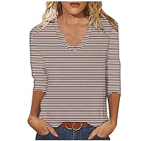 Women's 3/4 Sleeve Striped T-Shirt Summer Casual V Neck Loose Fit Tops Three Quarter Length Shirt Going Out Blouse