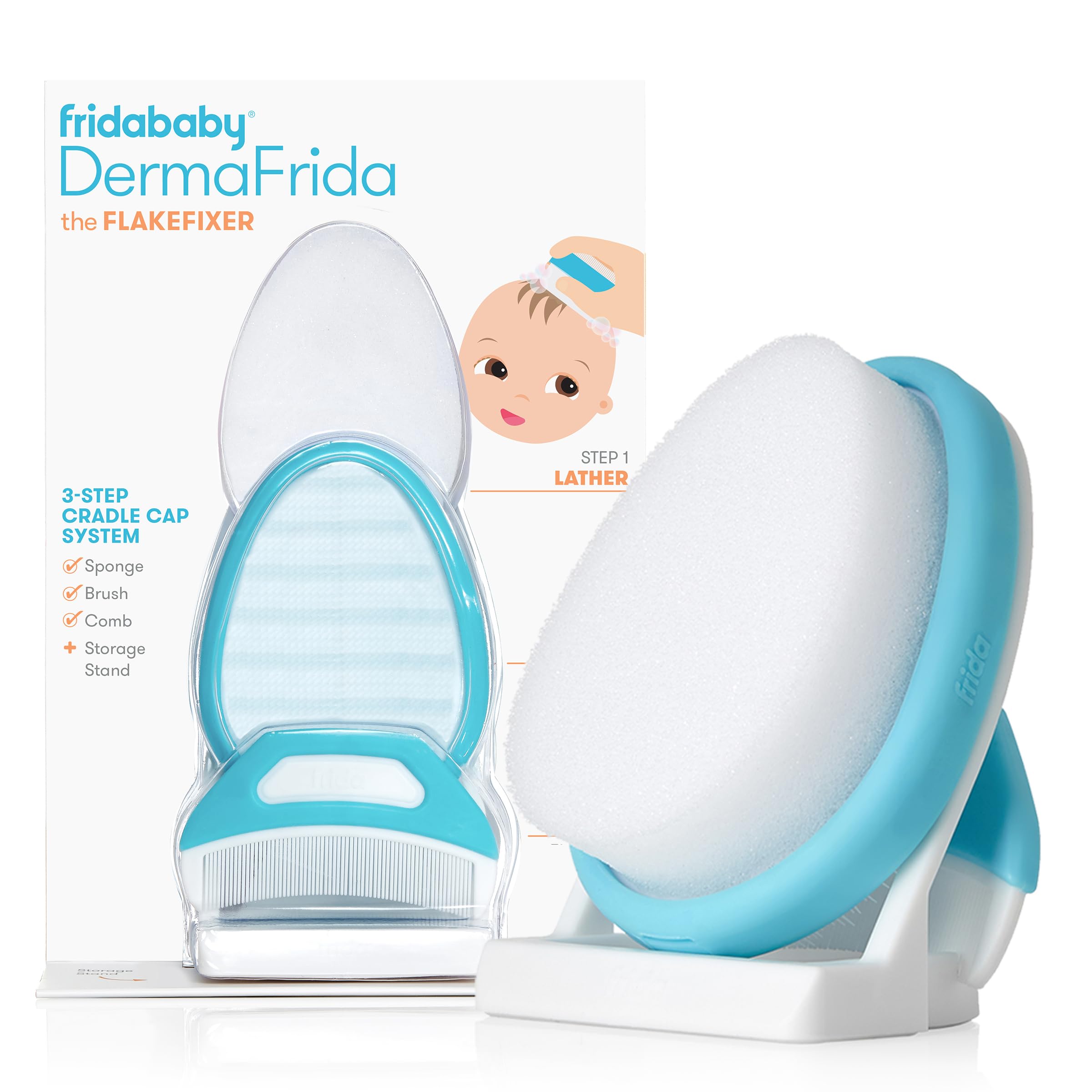 Frida Baby The 3-Step Cradle Cap System | DermaFrida The FlakeFixer | Sponge, Brush, Comb and Storage Stand for Babies with Cradle Cap