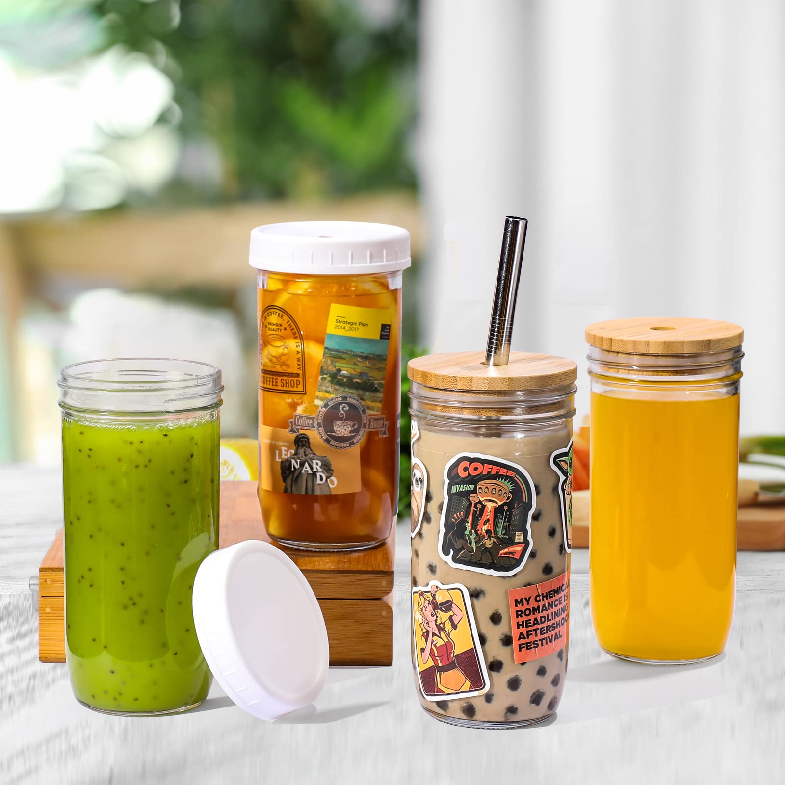 [ 4 Pack ] Glass Cups Set - 24oz Mason Jar Drinking Glasses w Bamboo Lids & Straws & 2 Airtight Lids - Cute Reusable Boba Bottle, Iced Coffee Glasses, Travel Tumbler for Bubble Tea, smoothie, Juice