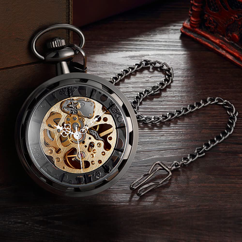 VIGOROSO Mens Classic Steampunk Pocket Watch Black Skeleton Hand Wind Mechanical Watches in Box Mens Pocket Watch with Chain Half Hunter Double Cover Skeleton Mechanical Watches Silver