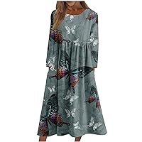Casual Plus Size Fall Winter Dress for Women Trendy Long Sleeve Midi Dress Elegant Vintage Floral Ruched Flowy Dress