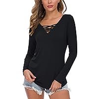 WNEEDU Women's Casual Long Sleeve T-Shirt Criss Cross V-Neck Basic Tees Tops