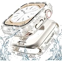 [360° Waterproof Case] Apple Watch Waterproof Case with Sparkling Crystal Diamonds, Glass Film, Integrated Apple Watch Cover, For Swimming and Sports, 1.7 inches (44 mm), Diamond, Glossy, IP68 Fully Waterproof, iWatch Case, Compatible with Series se 6, 5 4, Stylish, Women-Specific, Tempered Glass, Scratch-Resistant, Lightweight, Dustproof (44mm Starlight)