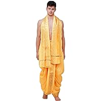 Ready to Wear Dhoti and Angavastram Set with Meenakari Woven Golden Border - Art Silk