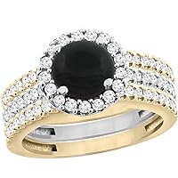 10K Gold Natural Black Onyx 3-Piece Ring Set Two-tone Round 6mm Halo Diamond, sizes 5-10