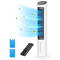 Evaporative Air Cooler, 40” Cooling Fans that Blow Cold Air, 80° Oscillating, Removable Water Tank, Ice Packs, Remote Control, 4 Speeds, 7H Timer, Swamp Cooler for Bedroom, White