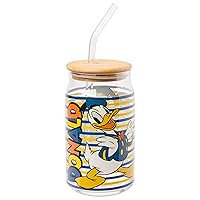 Silver Buffalo Donald Duck Stripes Glass Tumbler w Bamboo Lid and Glass Straw, 16 Ounces