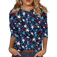 4Th of July Shirts Women,Women's Trendy 3/4 Sleeve Independence Day Print Round Neck Plus Size Top Blouse