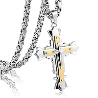 Cross Chain Necklace for Men Stainless Steel Pendant Cross Faith Necklace Mens Jewelry Birthday Gifts Boyfriend Valentine Gifts for Him Silver Black Gold Byzantine Chain for 22 24 26 28 30 Inch
