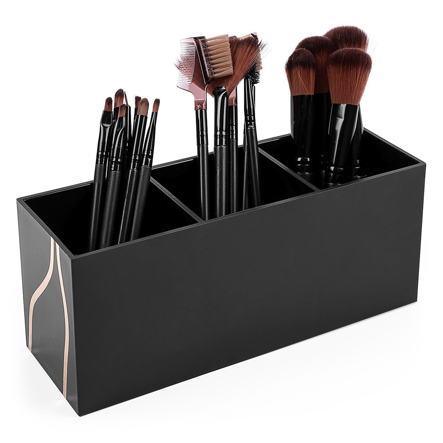 Vencer Makeup Brush Holder Organizer | 3 Slot Cosmetics Brushes Storage Solution,Black,VMO-011