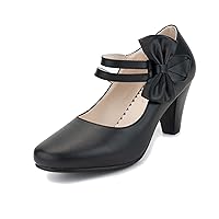 100FIXEO Chic Mary Jane Shoes Women Heels and Pumps Ladies Block High Heel Sweet Ankle Strap Dress Pumps Hook and Loop Bow Heels Closed Toe