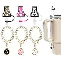 （3 +3) 3PCS Nuozme Straw Cover 10mm For Stanley Tumbler Cup Reusable Straw Cap Topper with 3 Initial Letter Charms Accessories Name ID Personalized Handle Charm For Stanley 30&40 Oz Cup Tumbler (A)
