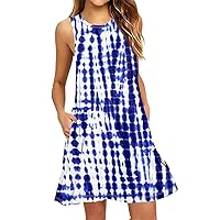 Women's Sun Dresses Casual Summer Dresses for Women 2024 Floral Print Vintage Fashion Casual Loose Fit with Sleeveless Scoop Neck Dress Blue Medium