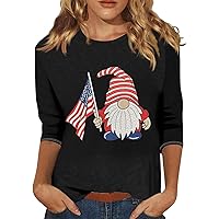 July 4Th Shirts Summer Tops for Women 2024 Plus Size 3/4 Sleeve American Flag Outfit Three Quarter Sleeve Shirt Tee