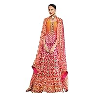 Orange Pink Woman Designer Patola Printed Killer Silk Anarkali Heavy Gown Indian Wedding Dress 3044