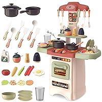 deAO Kitchen Toys for Kids Kitchen Playset Toy with Sounds and Lights Role Playing Game Pretend Food and Cooking Playset,26 PCS Kitchen Accessories Set for Girls Boys Kids