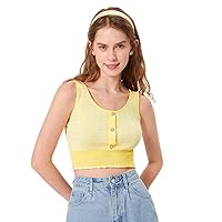 Women's Tops Sexy Tops for Women Shirts Houndstooth Pattern Button Detail Lettuce Trim Knit Top Shirts (Color : Yellow, Size : Large)