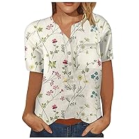 Women Tops Slim Fit 2023 Summer Tees Slim Cute Tshirts Floral 3/4 Sleeve Blouse V Neck Ethnic Button Down Shirt