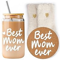 Best Mom Ever Gifts For Mom From Daughter Son, 16oz Ice Coffee Glass Cup with Bamboo Lids, Straws, Mothers Day Gifts Ideas for Mom Wife Sister Friends, Drinking Can Shape Glass Tumbler