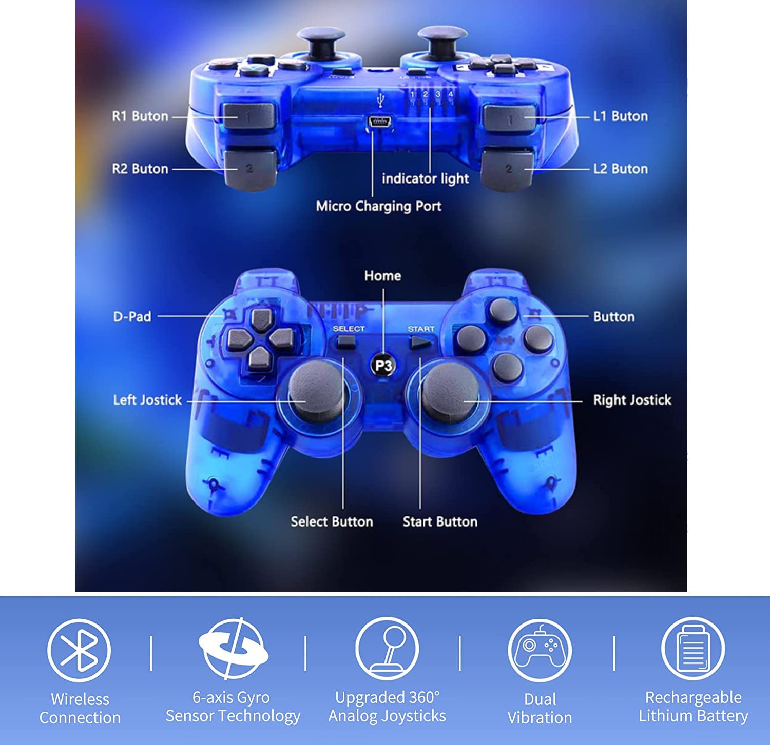 Rzzhgzq 2 Pack PS3 Wireless Controller Playstation 3 Controller Wireless Bluetooth Gamepad with USB Charger Cable for PS3 Console (Clear Blue+Clear Red)