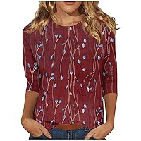 Floral Womens Tops Tees Tunic Petite T Shirts 3/4 Length Sleeve Crew Neck Plus Size Cotton Blouses Dressy Casual