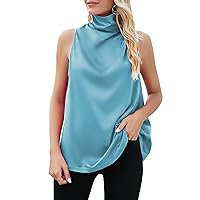 Famulily Womens Sexy Cowl Neck Sleeveless Tank Tops Ruched Satin Silky Cami Tops Basic Solid Color Tank Tops