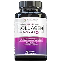 Multi Collagen Pills for Women and Men High Absorption Hydrolyzed Collagen Peptides Capsules for Hair Skin and Nails with Types I II III V X Hyaluronic Acid and Vitamin C - 30 Servings