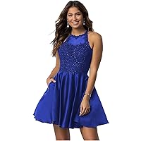 Womens Halter Short Homecoming Dresses Formal Beaded Lace Applique School Dance Cocktail Party Dress for Teen