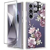 GVIEWIN for Samsung Galaxy S24 Ultra Case with Screen Protector+Camera Protector, [MIL-Grade Drop Protection]Floral Clear Slim Shockproof Phone Cover for Women, Flower Designer(Cherry Blossoms/Purple)
