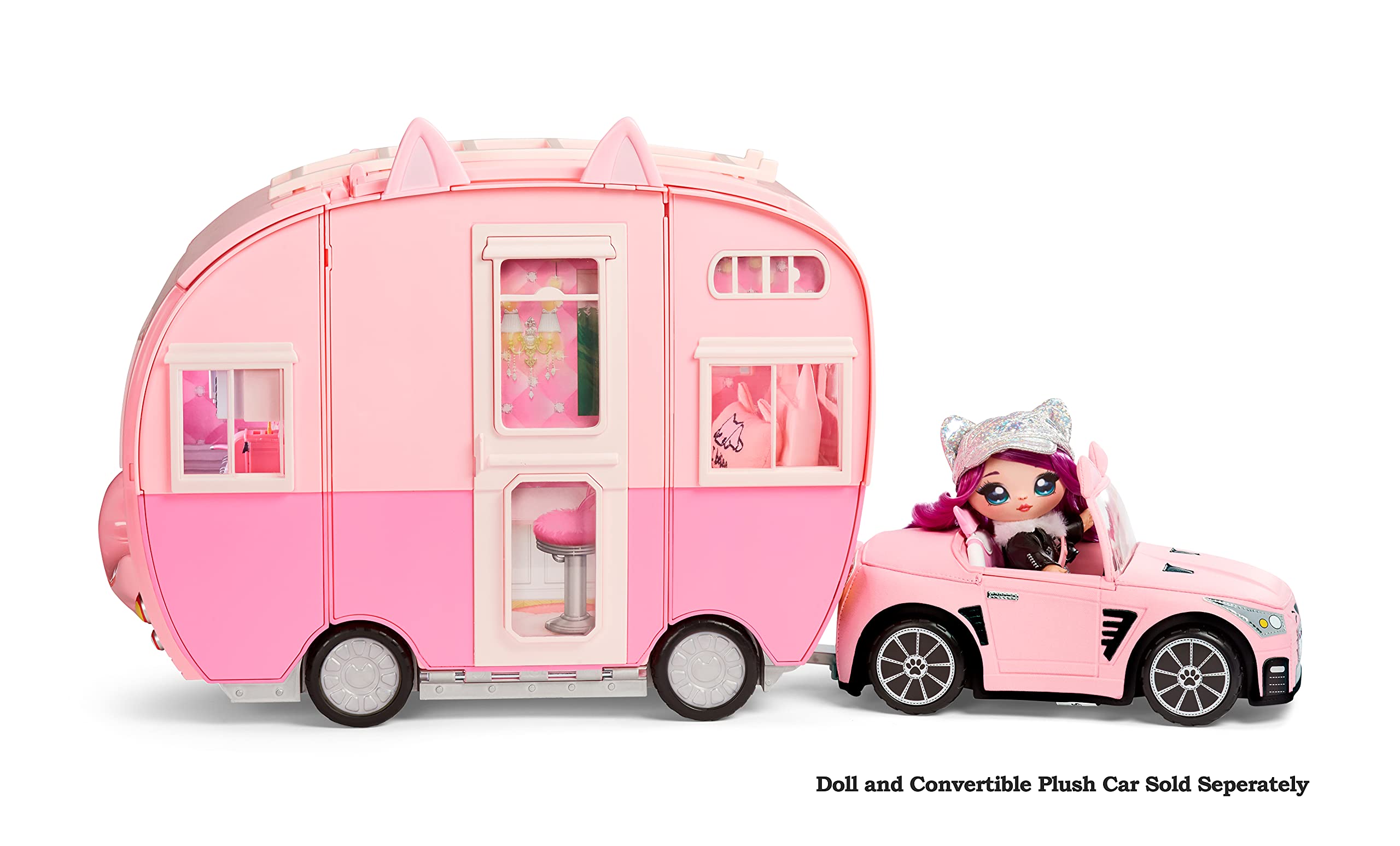 Na Na Na Surprise Kitty-Cat Camper Playset, Pink Toy Car Vehicle for Fashion Dolls with Cat Ears & Tail, Opens to 3 Feet Wide for 360 Play, 7 Areas, Accessories, Gift for Kids Ages 5 6 7 8+ Years