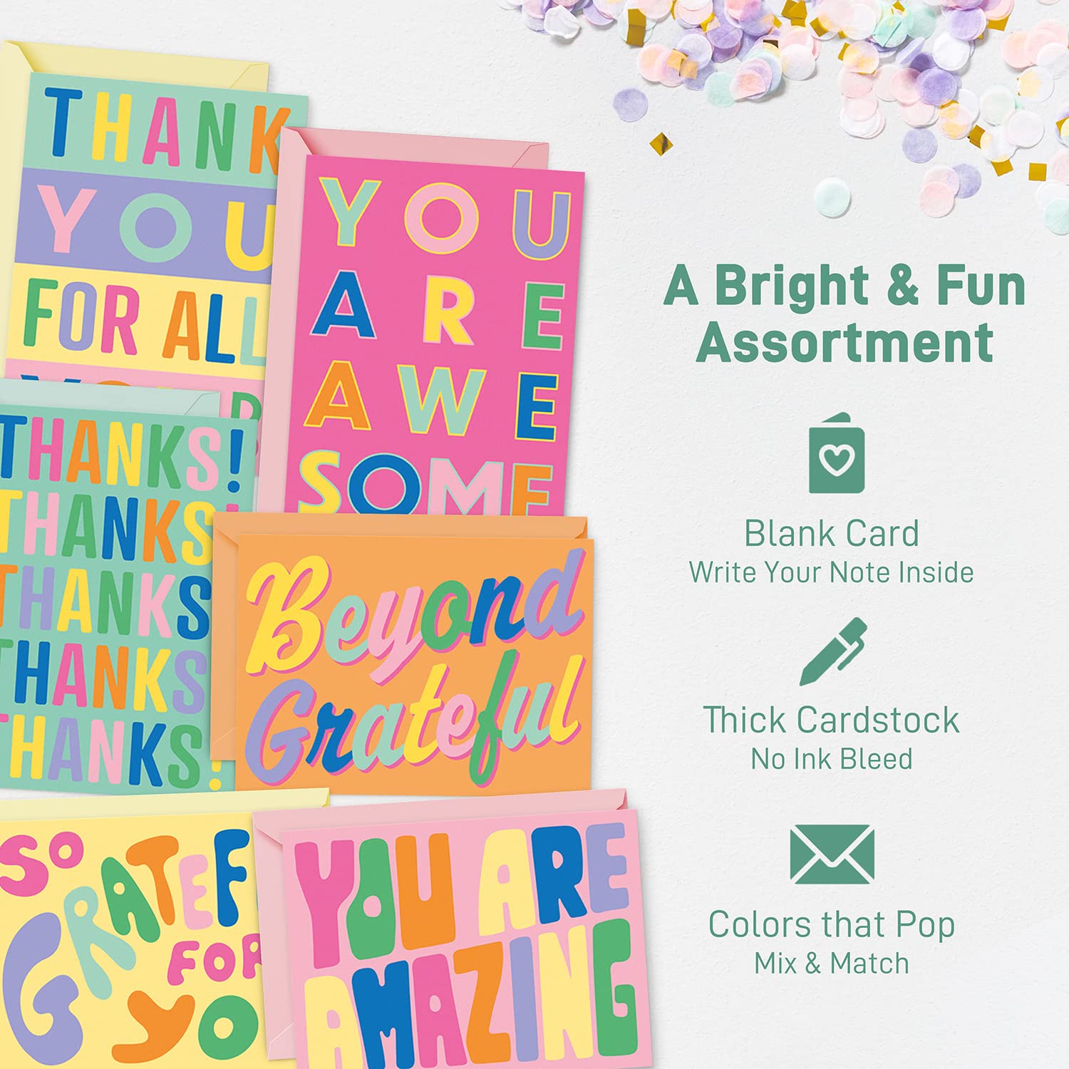 S&O Fun Thank You Cards with Envelopes - Assorted Thank You Cards to Express Gratitude - Thank You Notes with Envelopes Set of 24 - Gratitude Note Cards with Envelopes in Pop Colors to Mix & Match