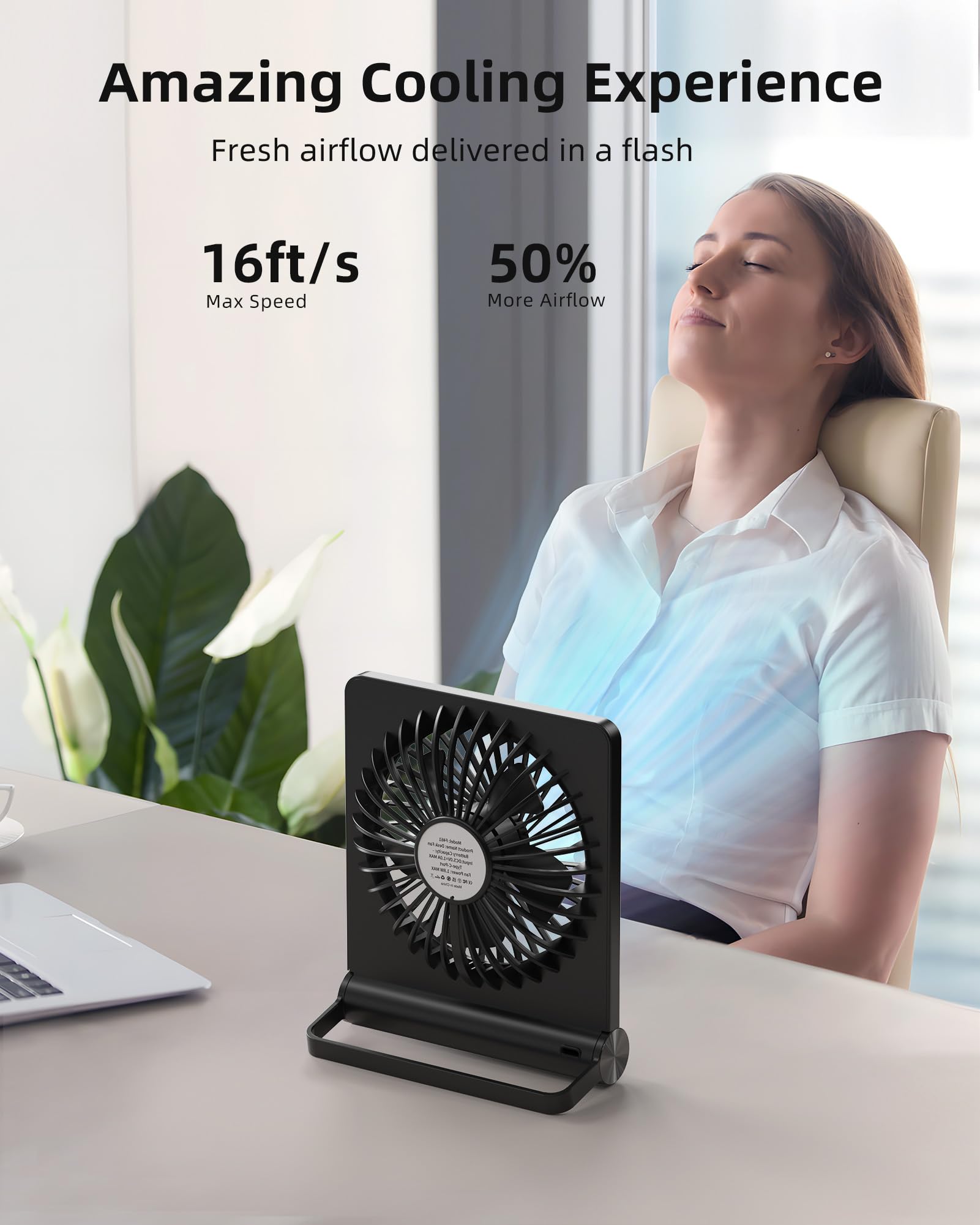 Koonie Portable Desk Fan, 3.5-20hrs Battery Operated Small USB Fan with Ultra Quiet 220° Tilt Folding, Rechargeable Personal Fan with 3 Speeds Strong Wind for Home Office Desktop, Black