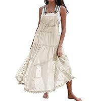 Gacaky Summer Dress for Women Casual Floral Embroidered Bohemian Dress Adjustable Straps Bib Maxi Flowy Dress with Pockets