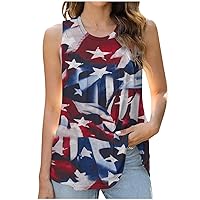 4th of July Tank Tops Womens Pleated Front Crewneck Patriotic T-Shirts Summer Casual Sleeveless Star Stripe Pullover