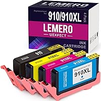 LemeroUexpect 910 910XL Remanufactured Ink Cartridge Replacement for HP 910 XL 910XL Ink Cartridge Combo Pack 4-Pack for HP Printer OfficeJet Pro 8025 8022 8035 8028, Black Cyan Magenta Yellow