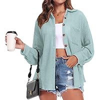 Anyhold Women's Waffle Knit Shacket Jackets Plus Size Button Down Shirts Fall Long Sleeve Casual Dressy Tops