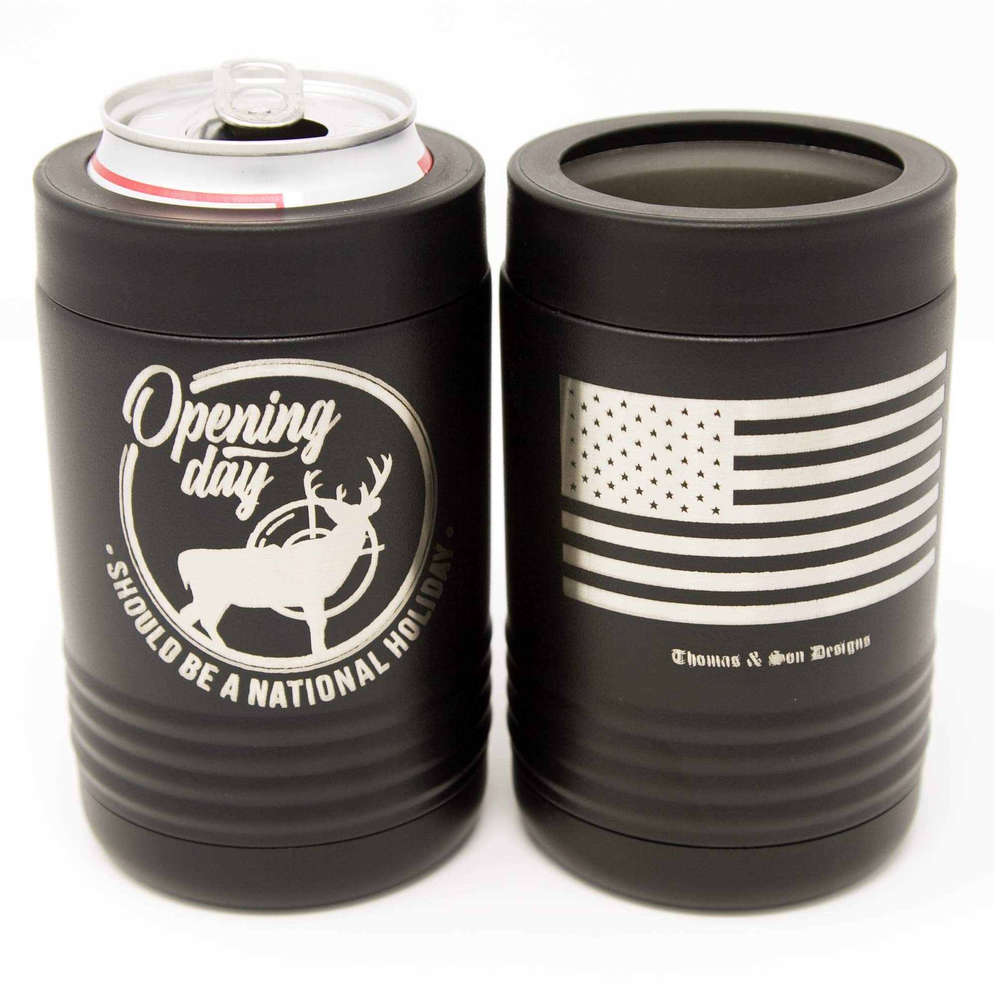 Thomas And Son - Cold Beverage Can Cooler - Engraved Open Season Hunting Can Holder - Double Wall Insulated Can Cozy Sleeve - Hunting Gifts For Men/Birthday Gifts For Men