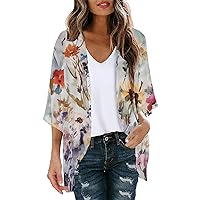 Womens Cardigans Floral Print Puff Sleeve Kimono Cardigan Loose Cover Up Casual Shirt Top Women Light Sweaters