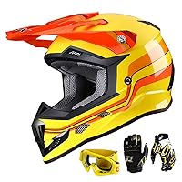 GLX GX623 DOT Kids Youth ATV Off-Road Dirt Bike Motocross Motorcycle Full Face Helmet Combo Gloves Goggles for Boys & Girls (Retro Yellow, Small)
