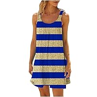 Fashion Striped Color Block Sleeveless Dress Women Summer Beach Sundress Casual Loose Scoop Neck Tank Tunic Dresses