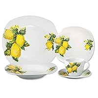 Lorren Home Trends Porcelain 20 Piece Square Dinnerware Set Service for 4-Lemon Design, Yellow